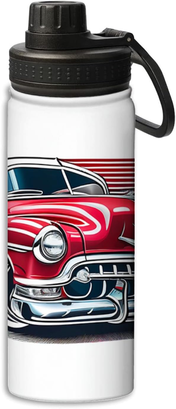 Cartoon red vintage car logo design 18 oz Insulated Water Bottle, Double Wall Vacuum Stainless Steel Water Bottle,Water Bottle Keeps Hot or Cold Sports Gym, Red