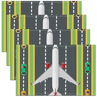 Airplane 12x18 Inch Placemats for Dining Table,Airport Runway Waterproof Table Place Mat for Party Decoration,Racing Car Track Washable Table Mats Set of 4