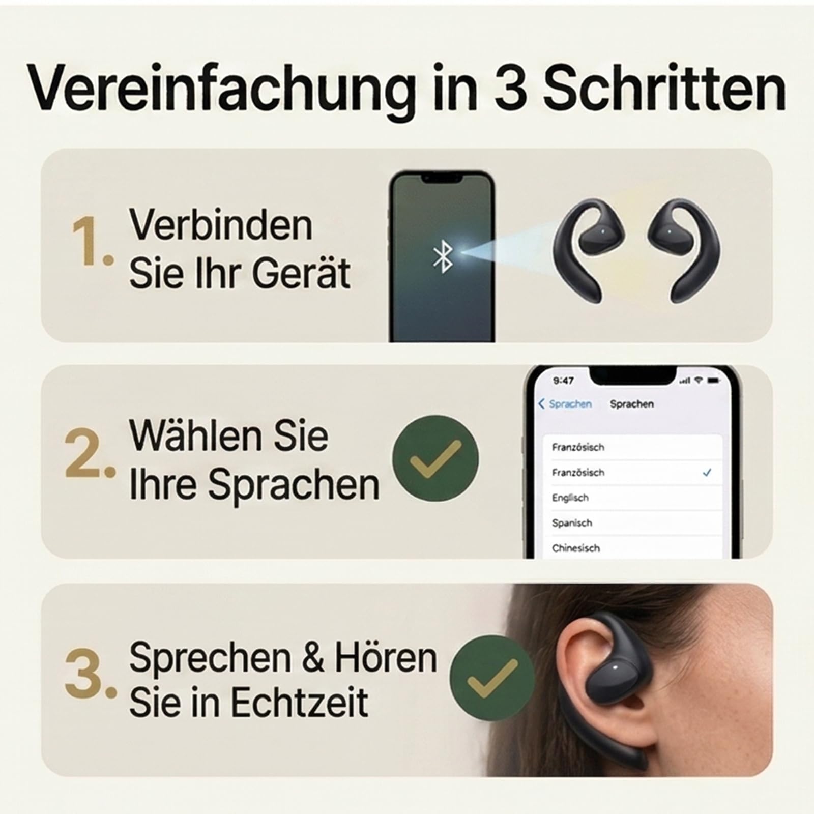 Reiteag Sonabuds Übersetzer Ohrhörer, TalkBuds Übersetzer Kopfhörer, Bluetooth Kopfhörer mit Echtzeit Übersetzung in 145 Sprachen, HD Sound, Ladeetui, Anrufmodus & Musik, Tragbar (Schwarz)