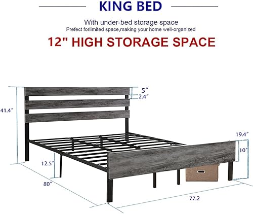 Miniatura 37 de Cama de plataforma de metal de tamaño individual con cabecera de madera, no necesita somier, fácil montaje, grano de madera negro Grano de madera