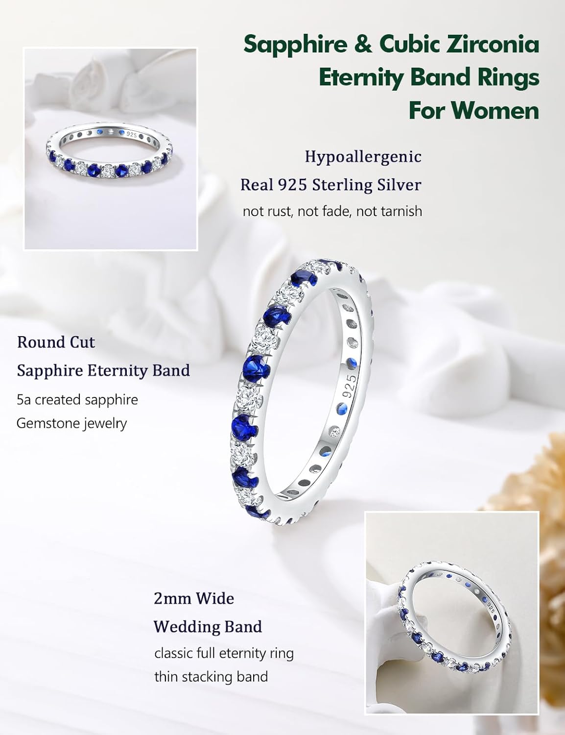 Full Eternity Band Rings for Women Sterling Silver/Yellow Gold Plated Wedding Bands Sapphire/Emerald/Ruby 2mm Thin Stacking Anniversary Ring Size 6-10 - Image 5