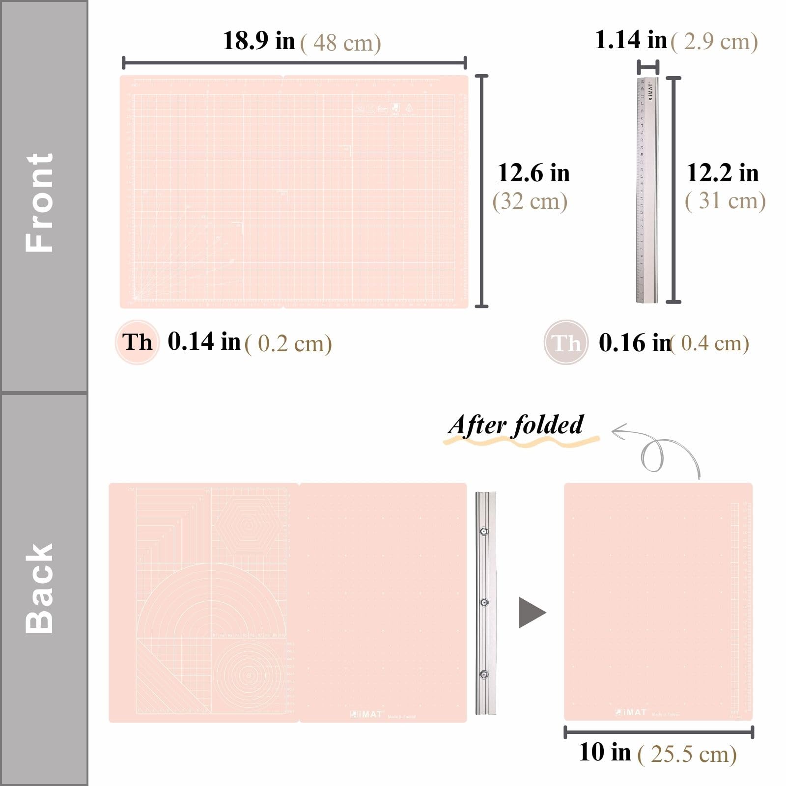 iMAT Flip Cutting Mat Magnet Set, Aluminum Ruler & Cutting Mat Magnet, Enlarged A3 (Cm Version), 32x48 cm (12.6
