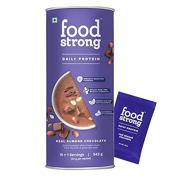 Foodstrong Daily Protein | Real Almond Chocolate |16 sachets| 543g| Natural Grass-fed Whey Protein Powder With Turmeric & Green Tea | No Antibiotics, No Preservatives, Zero Sugar | Builds Lean Muscle
