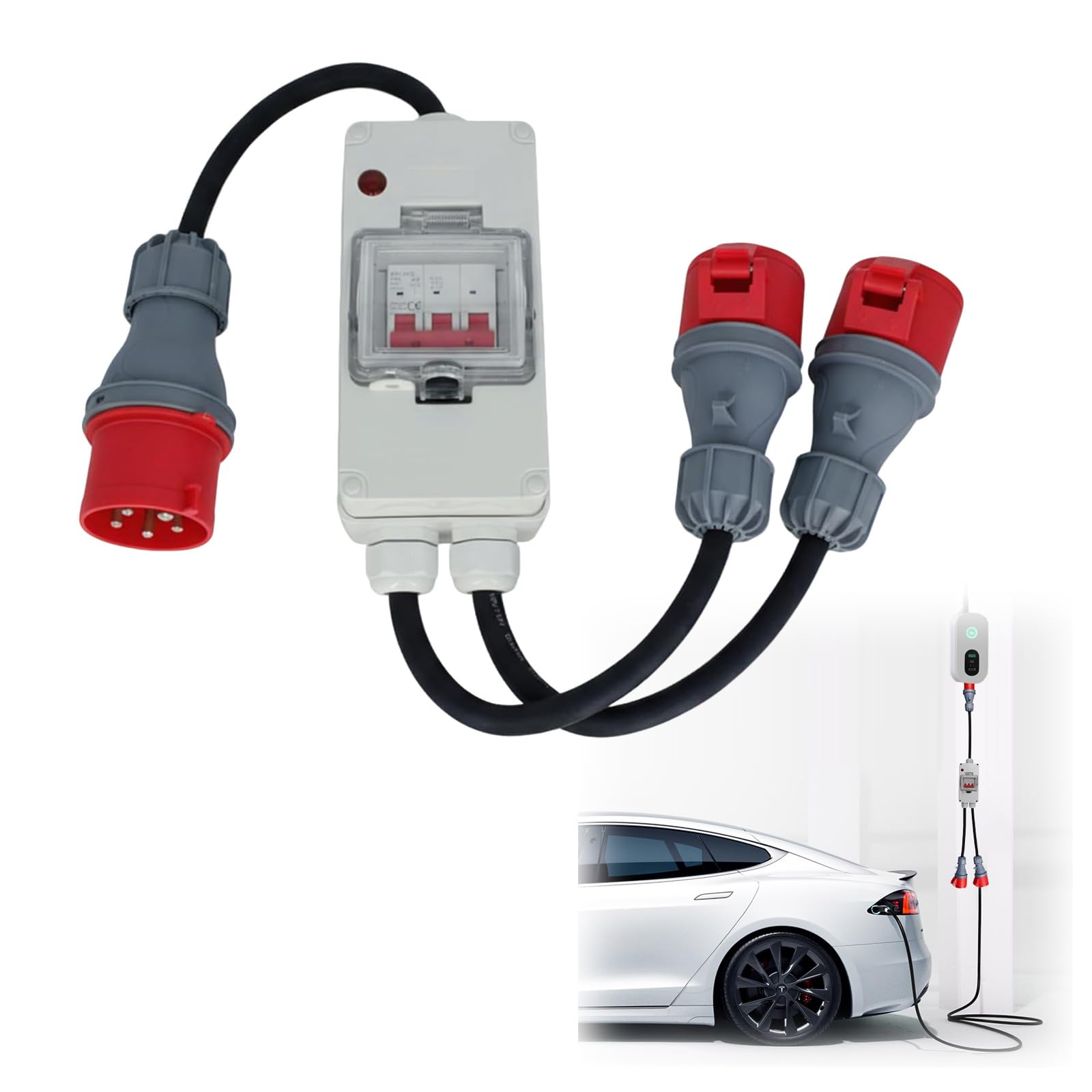 Adapter CEE, wtyczka CEE 5-biegunowa, 32 A do 16 A, 0,5 m na każdym końcu, H07RN-F, 5 x 2,5 mm², rozdzielacz prądu, na kemping, przewód adaptera CEE, pyłoszczelny i wodoszczelny, do samochodów