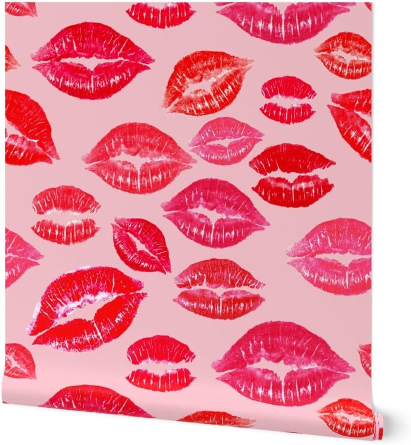 Peel & Stick Wallpaper 3ft x 2ft - Lipstick Kiss Kitsch Valentine Kisses Valentine's Day Love Pink Red Romance Sweet Custom Removable Wallpaper by Spoonflower