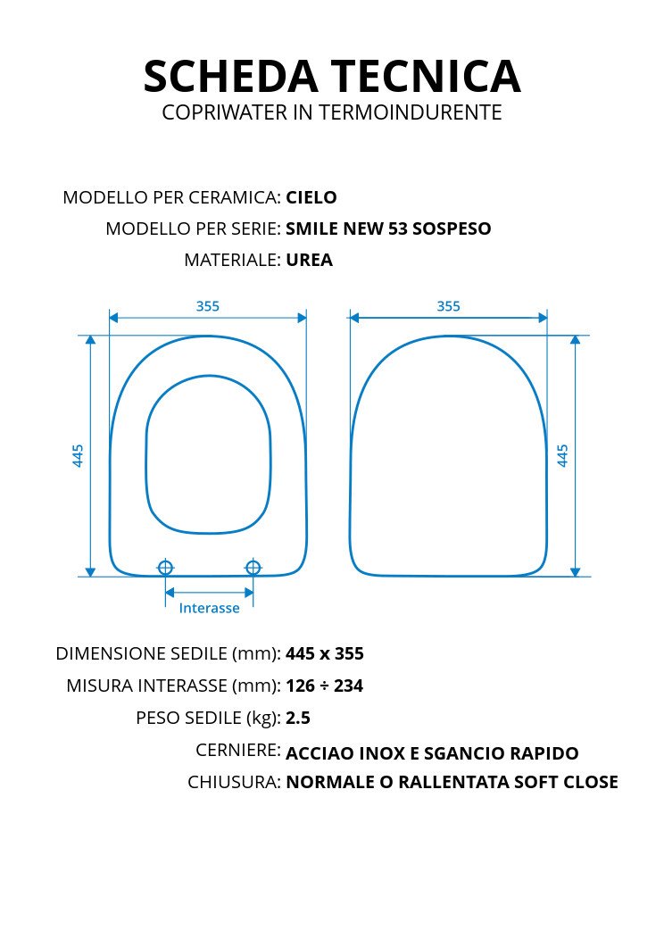 Copriwater per CIELO SMILE NEW 53 SOSPESO TERMOINDURENTE BIANCO cerniera inox normale o rallentata soft close