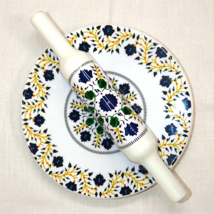 Image of Modern Floral Design Marble Chakla Wooden Belan | Printed 10 Inch Enamel Roti Maker with Belan | Heavy Duty Non-Slip Chakla for Roti, Chapati, Paratha |Kitchen Rolling Board (1 Set) (5.Flower Bell)