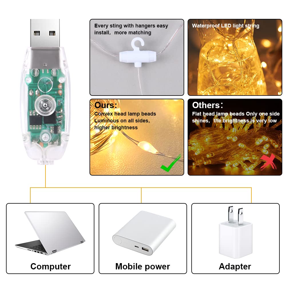 Vicloon Kurtyna świetlna LED, 3M*3M 300 diod LED Łańcuch świetlny USB i akumulatorowe z pilotem, wodoodporność IP65, 8 trybów, kurtyna świetlna LED na Boże Narodzenie - Ciepła biel