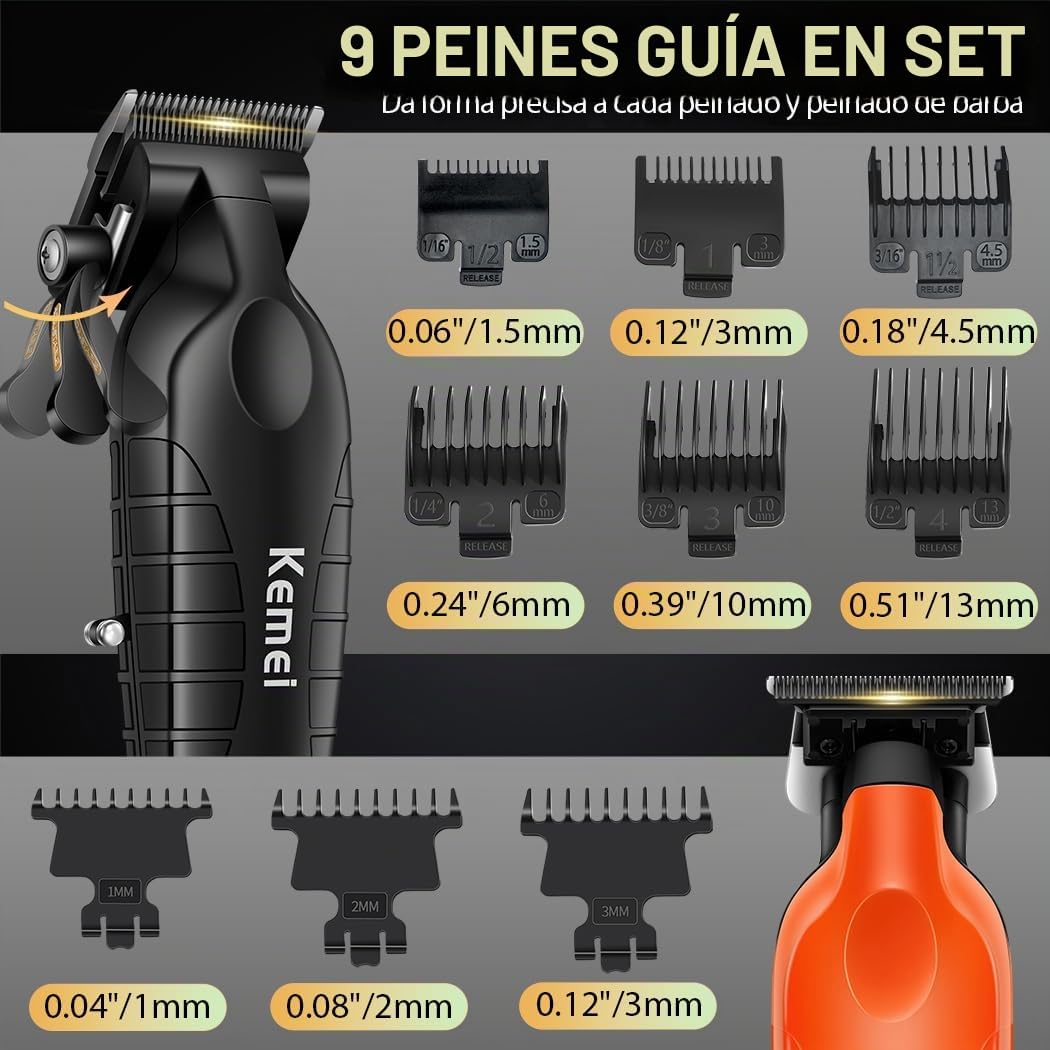 KEMEI Maquina de Cortar Pelo Hombre,Trimmer Profesional con Pantalla Digital & Máquina de Afeitar Eléctrica, Kit Peluqueria Hombre con 8000RPM motor, Carga Dual USB/Base(Naranja)