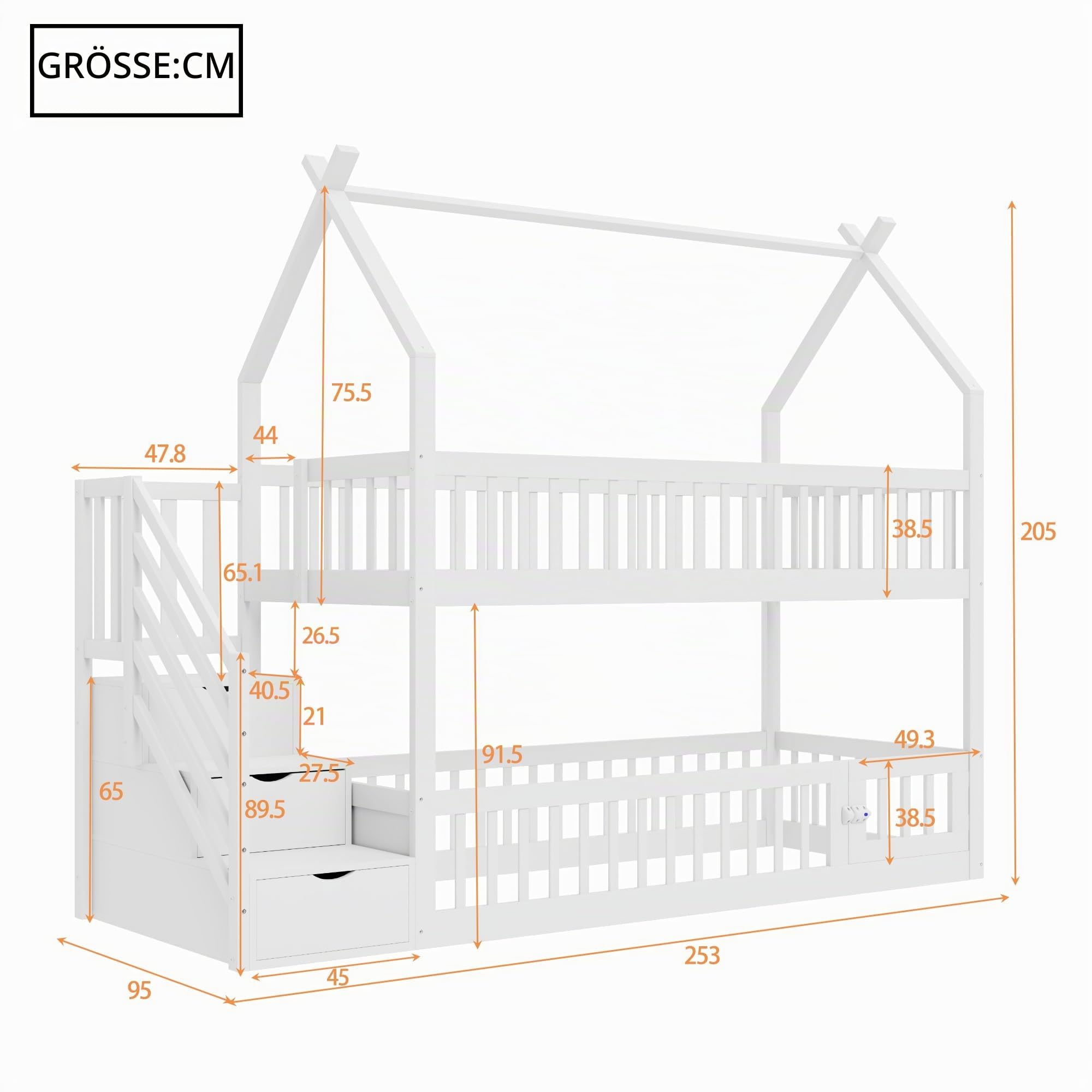 Su & Chan Legence Etagenbett 90x200 mit Treppe und Stauraum, Kinderbett Hochbett mit Schubladen und Sicherheitsgeländer, Hausbett mit Dach für 2 Kinder, Weiß