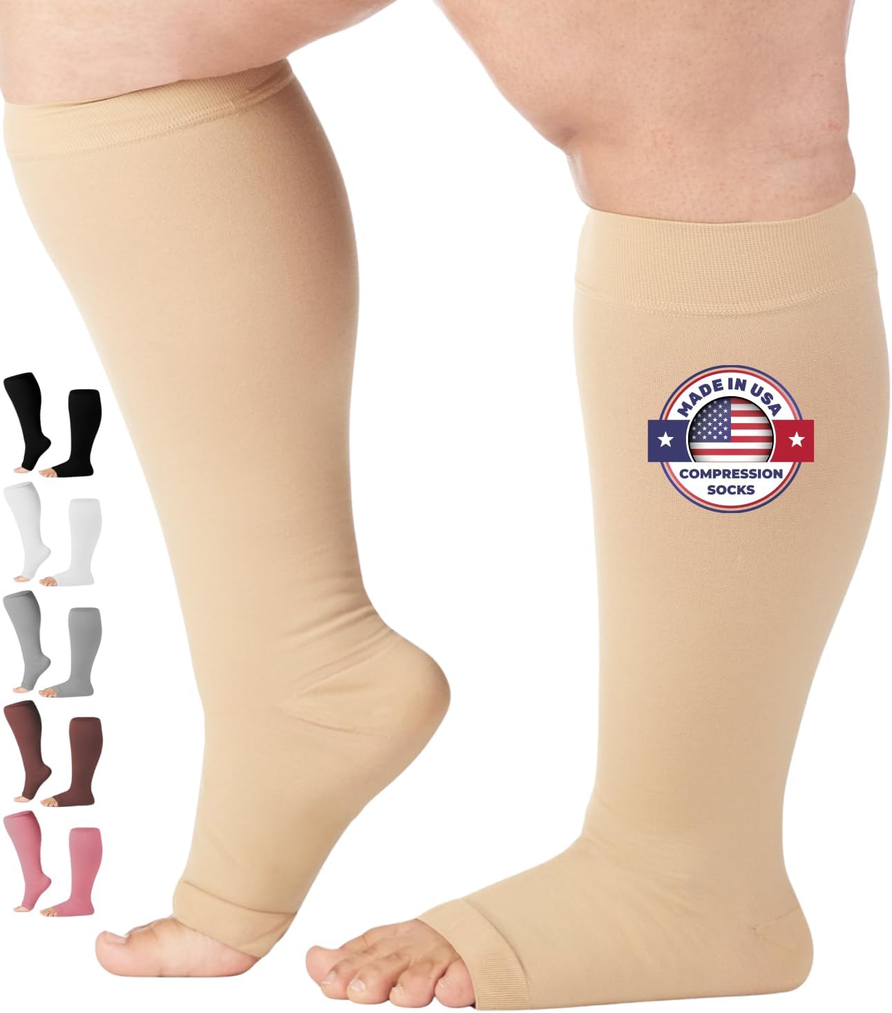 Opaque Compression Socks Knee-Hi Firm Support Open Toe (Medium, Beige) Compression stockings 20-30mmHg, Surgical Weight, medical compression socks, compression stockings post surgery, compression socks for men & woman