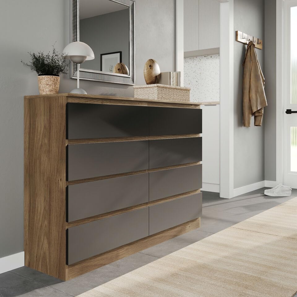 URBNLIVING Modern Oak Wooden Chest with Black 8 Drawers for Bedroom Office Storage Versatile Bedside Table Stylish Cabinet for Organizing Clothes Accessories Work Place Supplies and Personal Items
