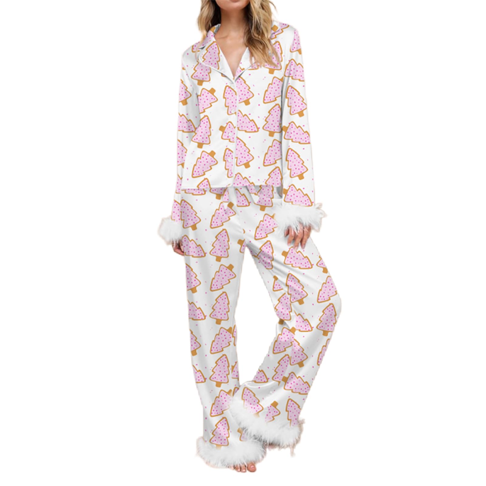SANSIWU Women Plus Size Christmas Pajama Sets Christmas Tree Printed Long Sleeve Button Down Fur Trim Tops+ Long Pants 2Pcs Holiday Sleepwear (A-03, XL)