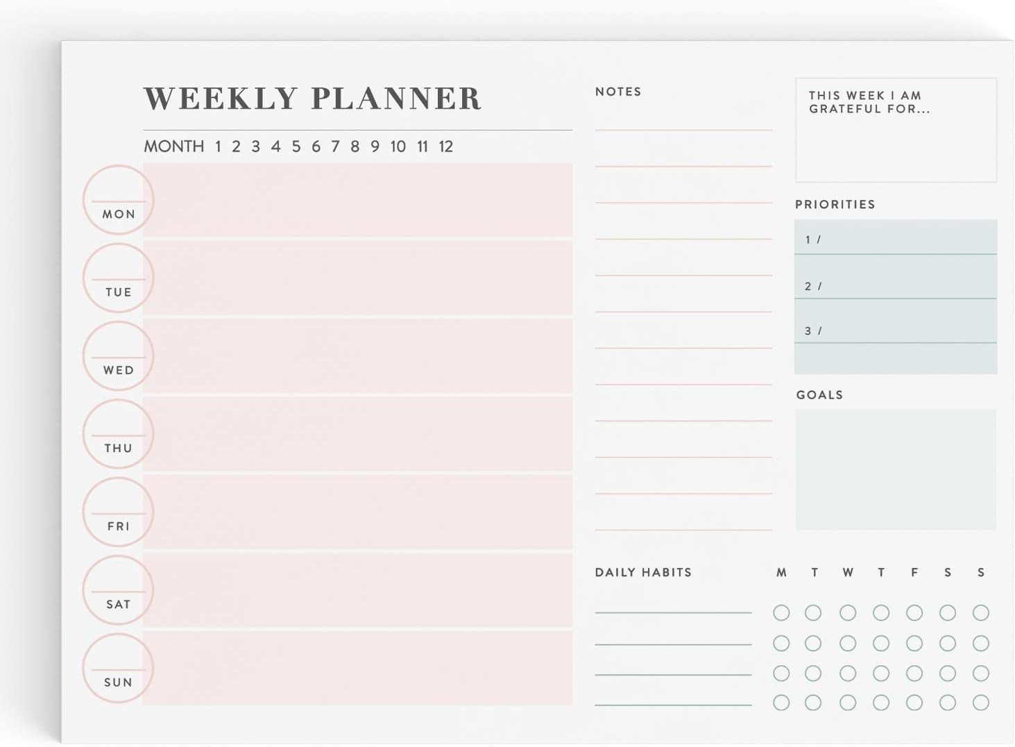 Weekly Planner Notepad- To Do List- Undated Planning Pad- Daily Habit Tracker, Goals, Priorities and Gratitude, 60 Tear-off Sheets, 8 in by 11 in, Blush Pink Turquoise Teal Elegant Simple Design
