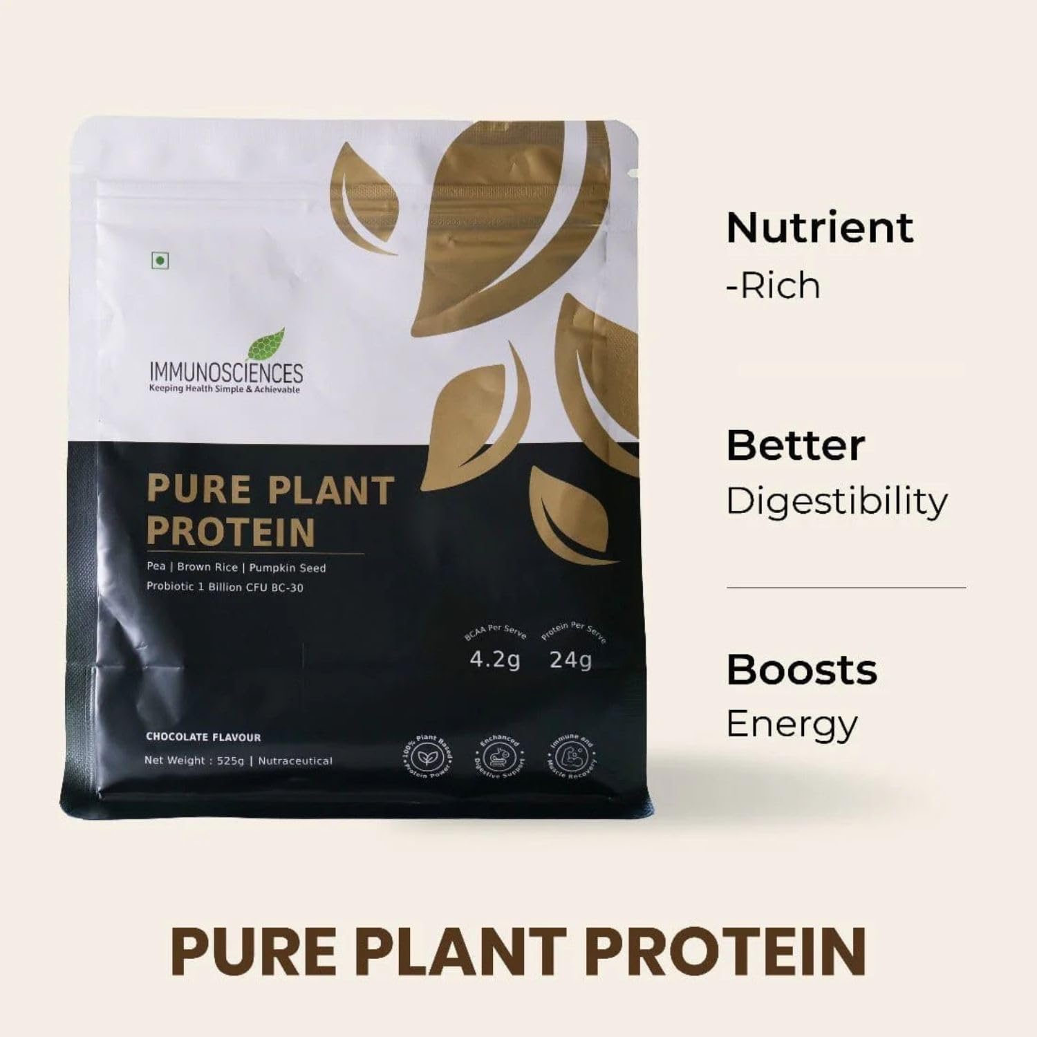 Pure Plant Protein Powder 525g, 24g Protein per Serve with 4.2g BCAA - Pea, Brown Rice & Pumpkin Seed Blend for Vegans - Probiotic 1 Billion CFU BC-30, Digezyme, Chocolate Flavour — Amazon image 2