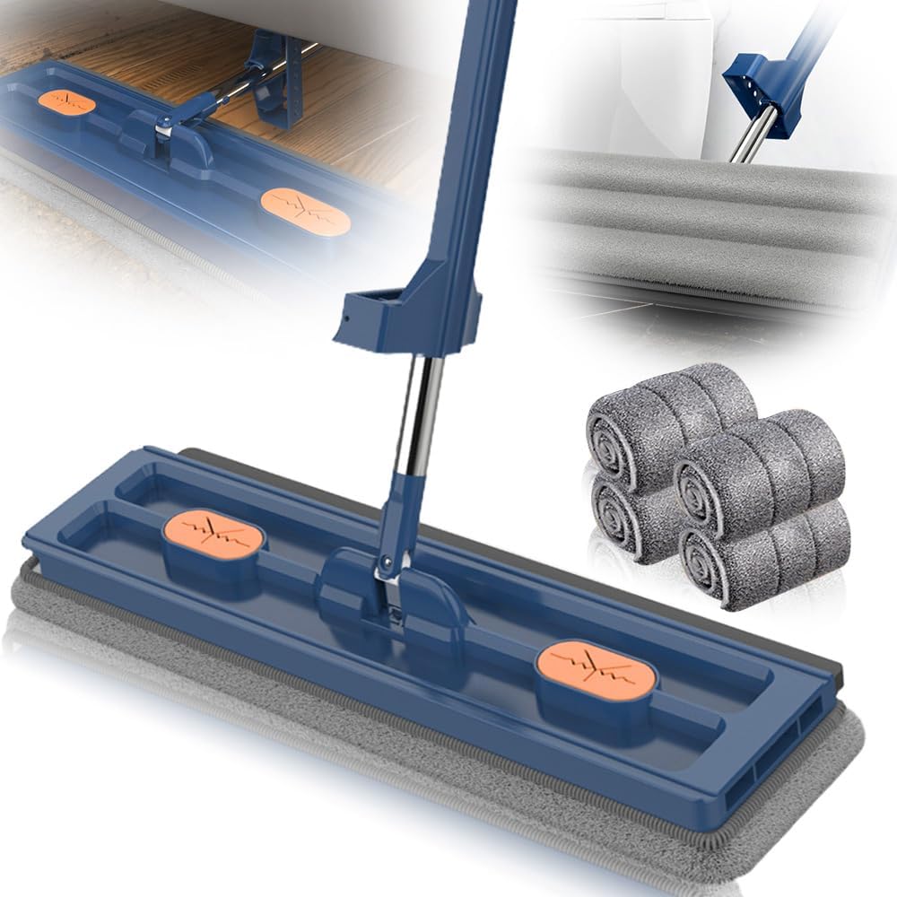 Juego de trapeador plano grande con cubo limpiador de suelos de microfibra giratorio de 360° sin Ha, incluye 4 almohadillas de fregona, ideal para uso doméstico y comercial, color azul