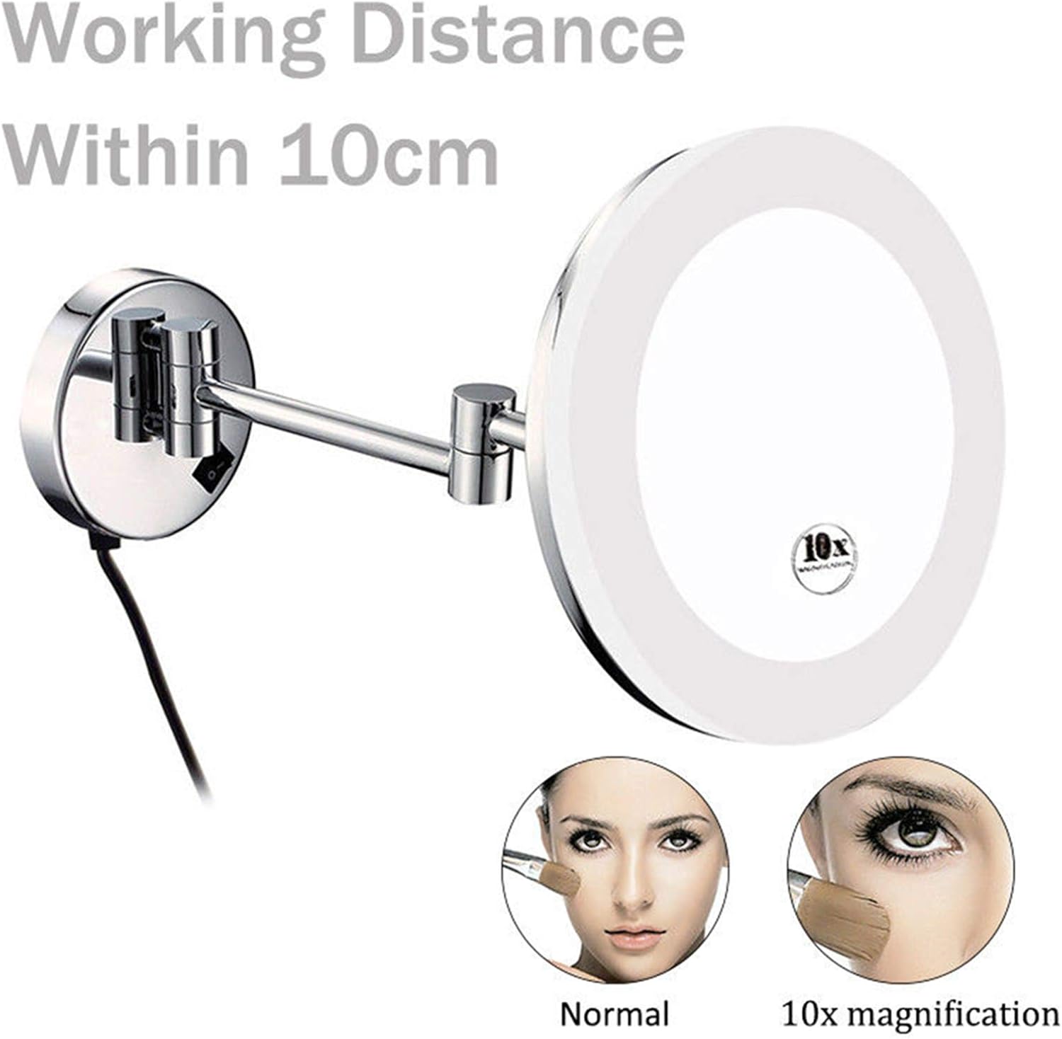 Wall Mounted Makeup Mirror with Magnification, 8 Inch Chrome Finish 360° Swivel Extendable LED Shaving Vanity Mirrors, Plug Powered,7X(10x)