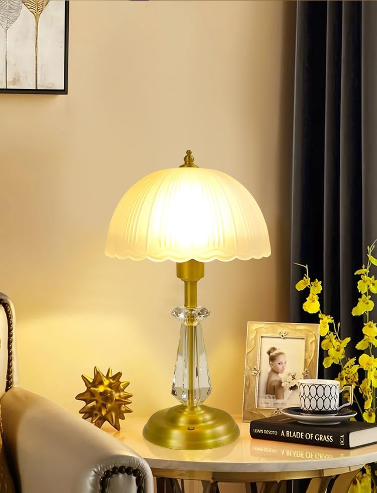 フレンチスタイルテーブルランプ 寝室ベッドサイド 3色調光 タッチスイッチ 布/ガラスシェード 書斎ダイニングバーカウンター用間接照
