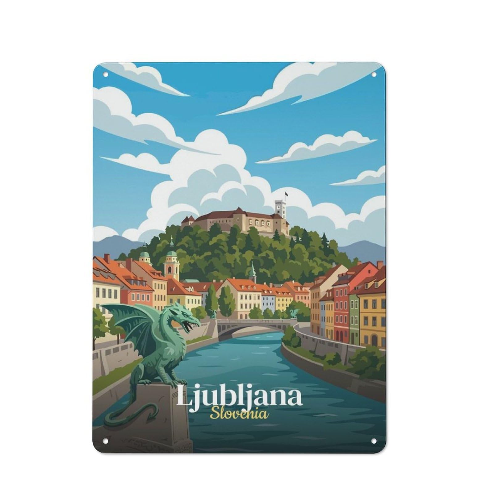Tin Wall Sign with Ljubljana, Slovenia Travel Design 40x30cm, Cosy Cafe Wall Decor for Kitchen, Cafe, Pantry Or Dining Room