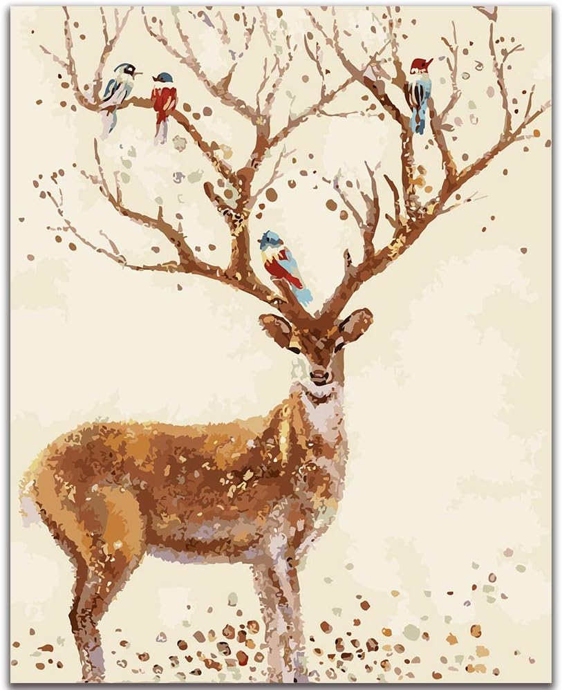 Fengtuo DIY Oil Painting Paint by Number Kit Canvas Painting Hand Colouring Decorative Picture for Birds and Deer Design 16"X 20" - Frameless