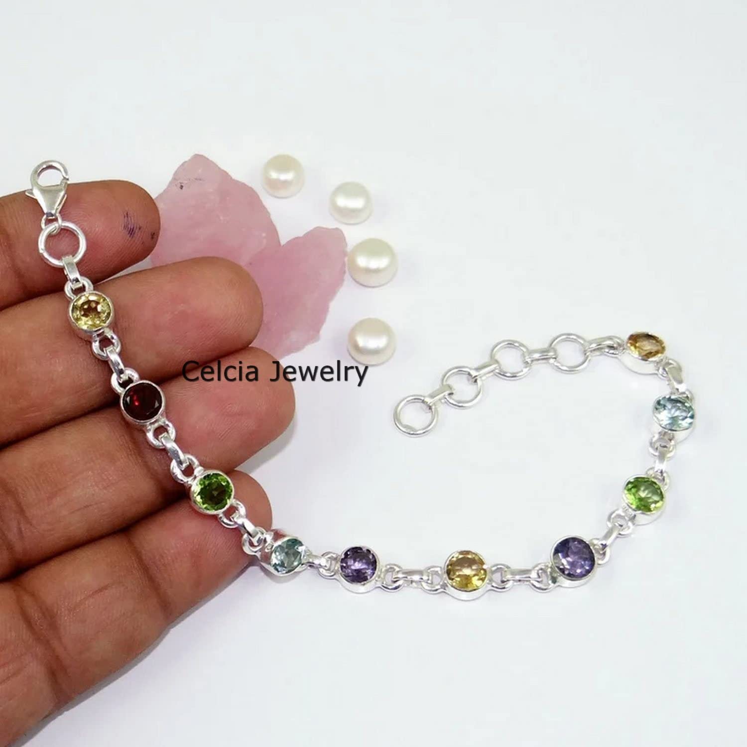 Pulsera de plata de ley 925 pura para mujeres y niñas, citrino natural, topacio azul, peridoto, amatista y granate Pulsera de piedras preciosas Pulsera única hecha a mano para ella o para él