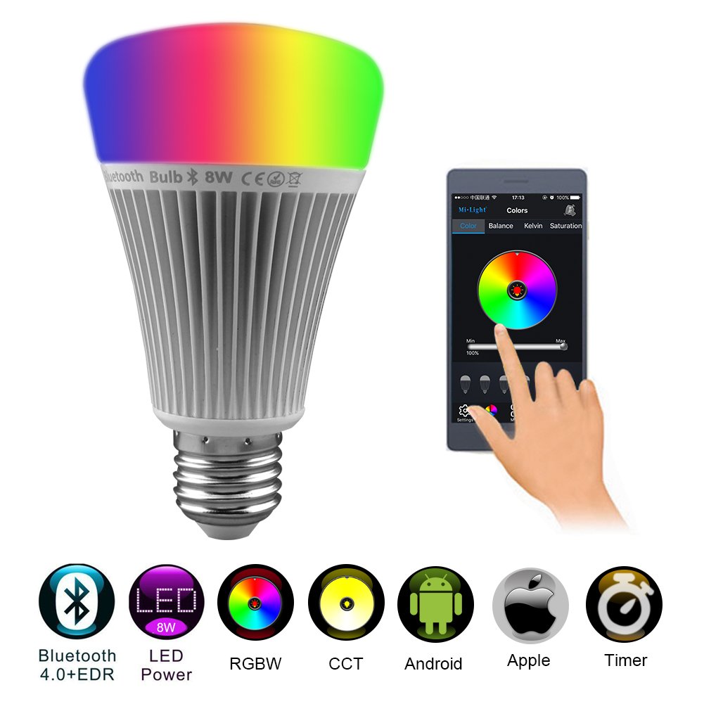 FUYUTEC Bluetooth Smart LED Light Bulb 8W RGB+Warm White+Cool White Wireless Color Changing and CCT Color Temperature Dimming Changeable Controlled by iOS Apple iPhone/Android Smartphone AC 85-265V [Energy Class A+]