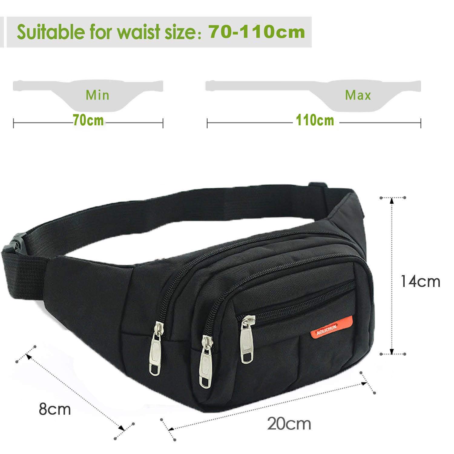 GRACETOP Marsupio uomo Sportivo Running Outdoor Escursioni Cintura Corsa da Uomo Donna Impermeabile con 4 Zip-Marsupio con la Tracolla Regolabile per Corsa Ciclismo Escursione Campeggio (Nero)