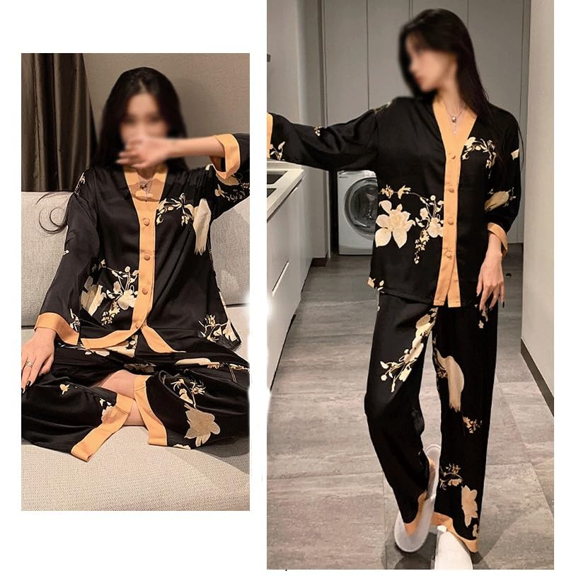 Pyjama en soie glacée imprimé vintage avec cardigan manches longues fluide - 6