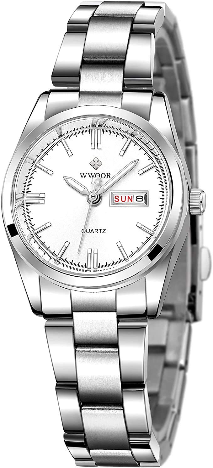 MASTOP Women Fashion Classic Watch Waterproof Stainless Steel Round Date Analog Quartz Lady Dress Watches (White)