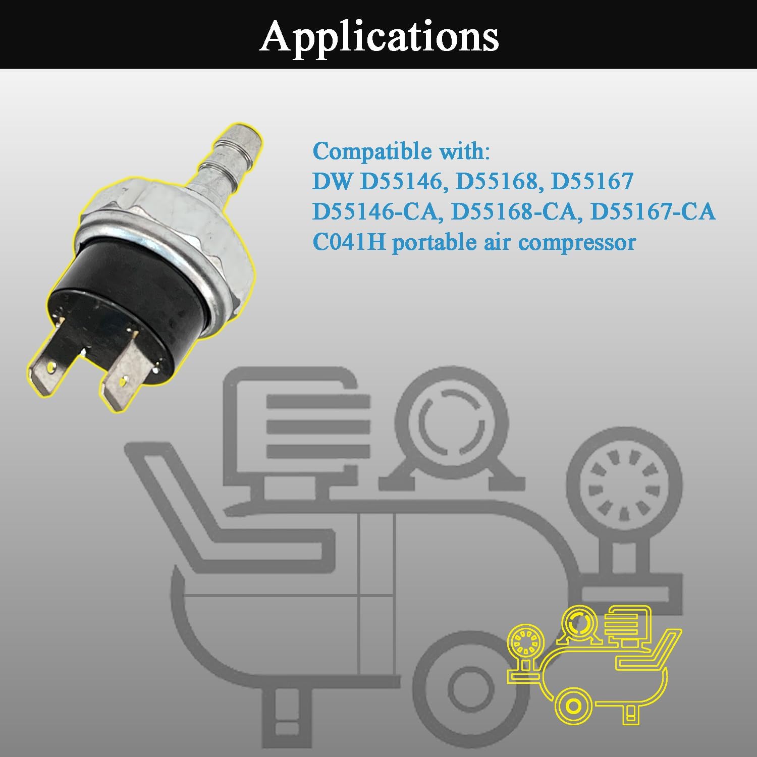 180-225 PSI Air Compressor Micro Pressure Power Switch for Dewalt Porter Air Compressor Pressure Switch D55146 Type 8 4.5 Gallon, D55168, D55167, D55146-CA, D55168-CA Replaces # AB-9063290