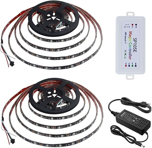 ALITOVE 32.8ft 300 LEDs Bluetooth App WS2811 Dream Color direccionable RGB LED Tira de luz con controlador Bluetooth y fuente de alimentación de 12V