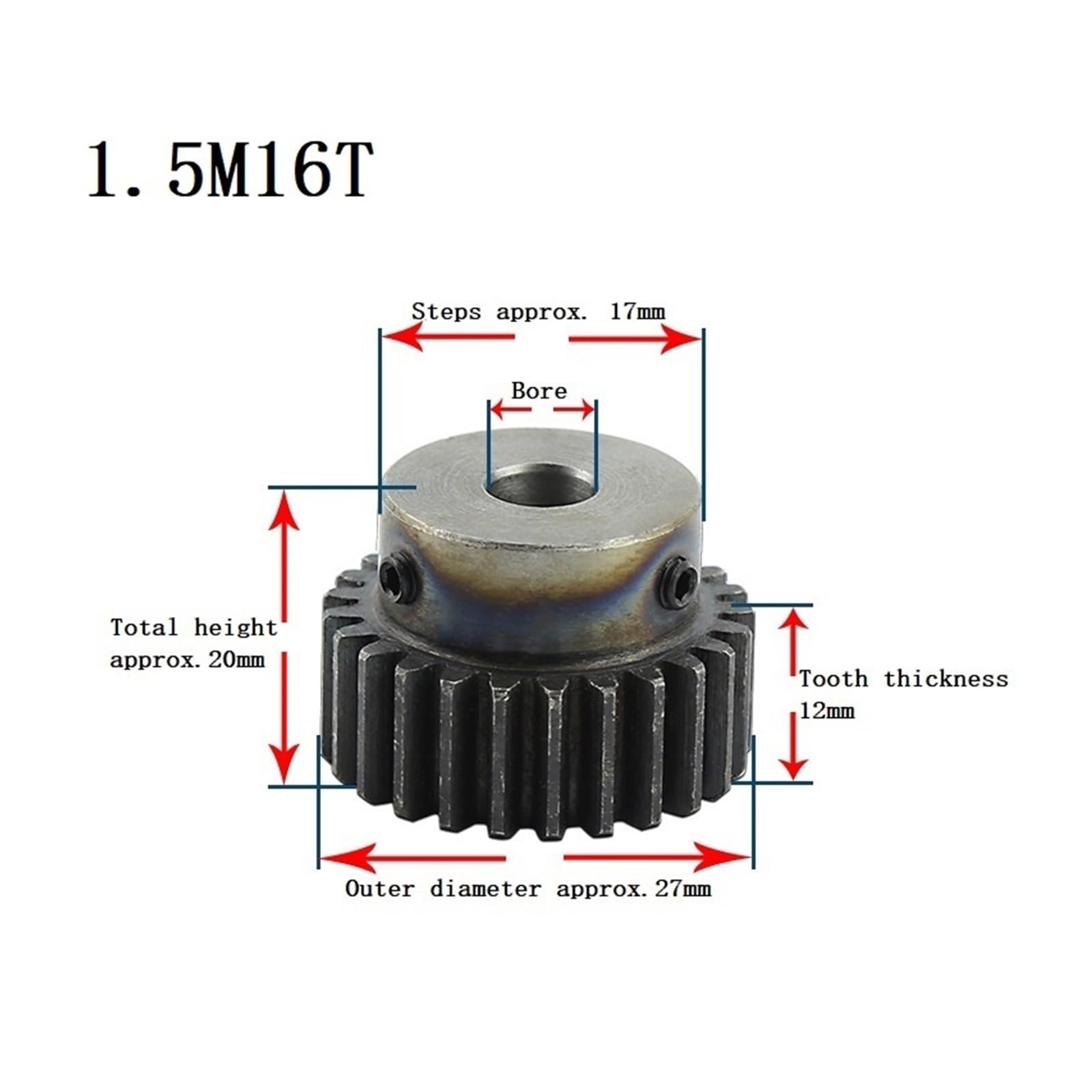 Bevel Gear Pinion Hardware Mechanical 1pcs 1.5M 16T Spur Gear Carbon Steel High Frequency Quenching Teeth Gear Wheel Bore Size 5/6/6.35/7/8/10/12 Mm(7mm)