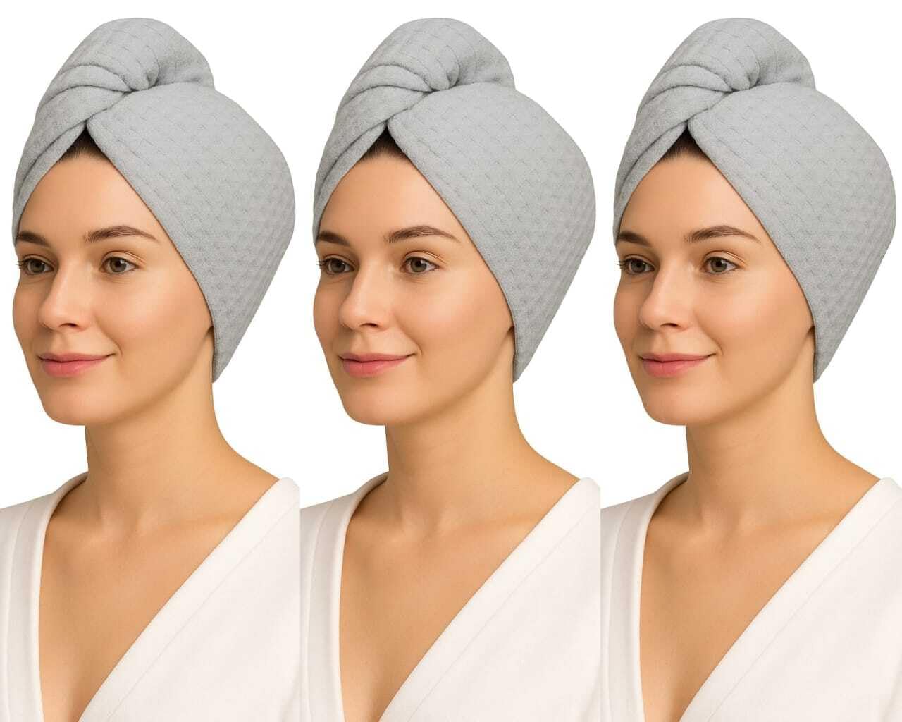 Women 3 Pack 100% Cotton Waffle Turbie Towel, Super Absorbent & Quick Drying Lightweight Turban with Button Up Toweling Cap Soft Twist Dry Hat for Long, Curly & Thick Hair 66X25cm, Light Grey