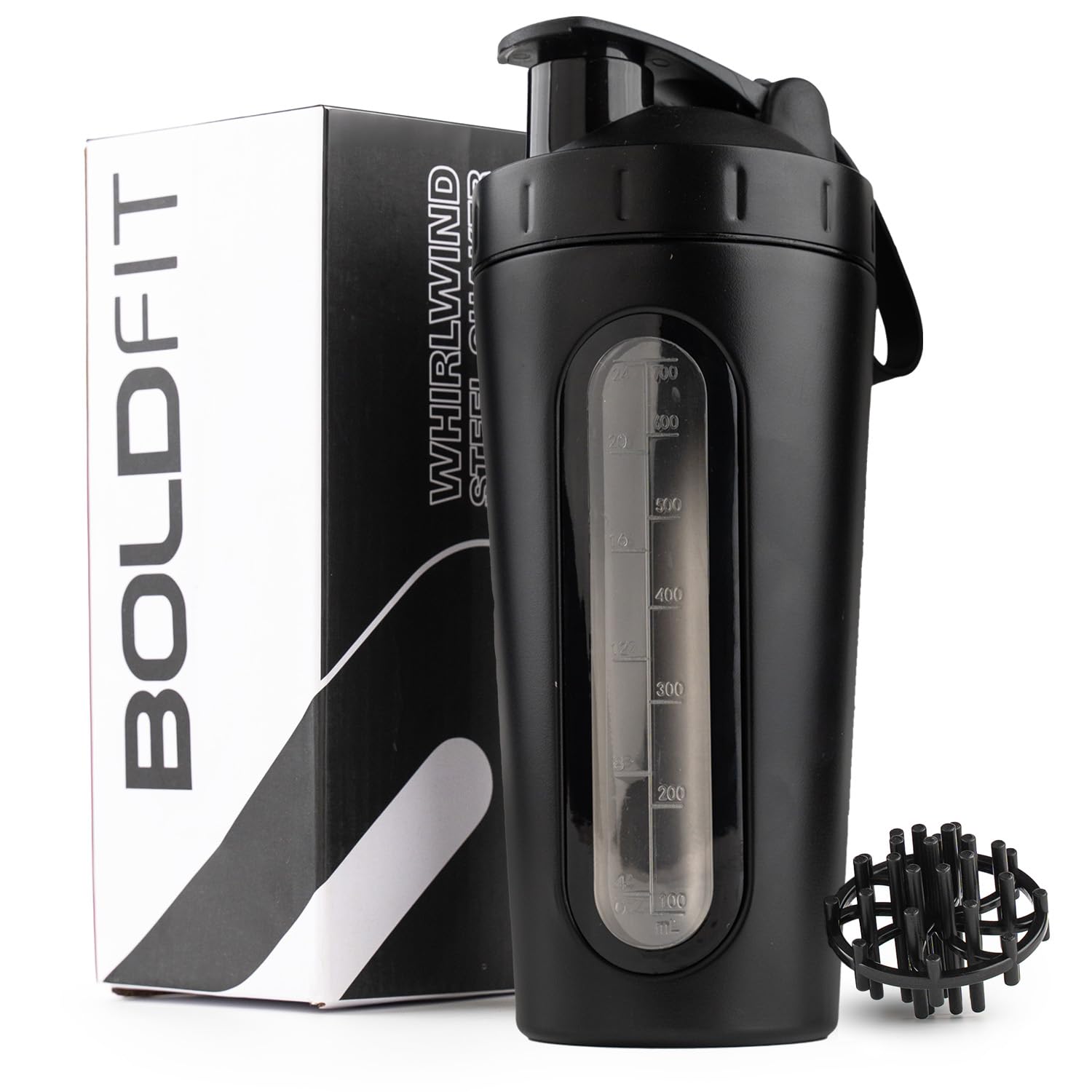 Boldfit Premium Stainless Steel Gym Shaker Bottle Shaker Bottles for Protein Shake 100% Leakproof Guarantee Protein Shaker Sipper Bottle Pre Workout With Glass Window Measurement 700 ml Black