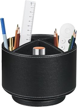 360  Rotating Pen Holder for Desk, Leather Table Desktop Nightstand Organizer with Remote Control Holder, Pencil Holder, Office Supplies for Living Room Decor Aesthetic, 5.5x5.5x4.0 Inch