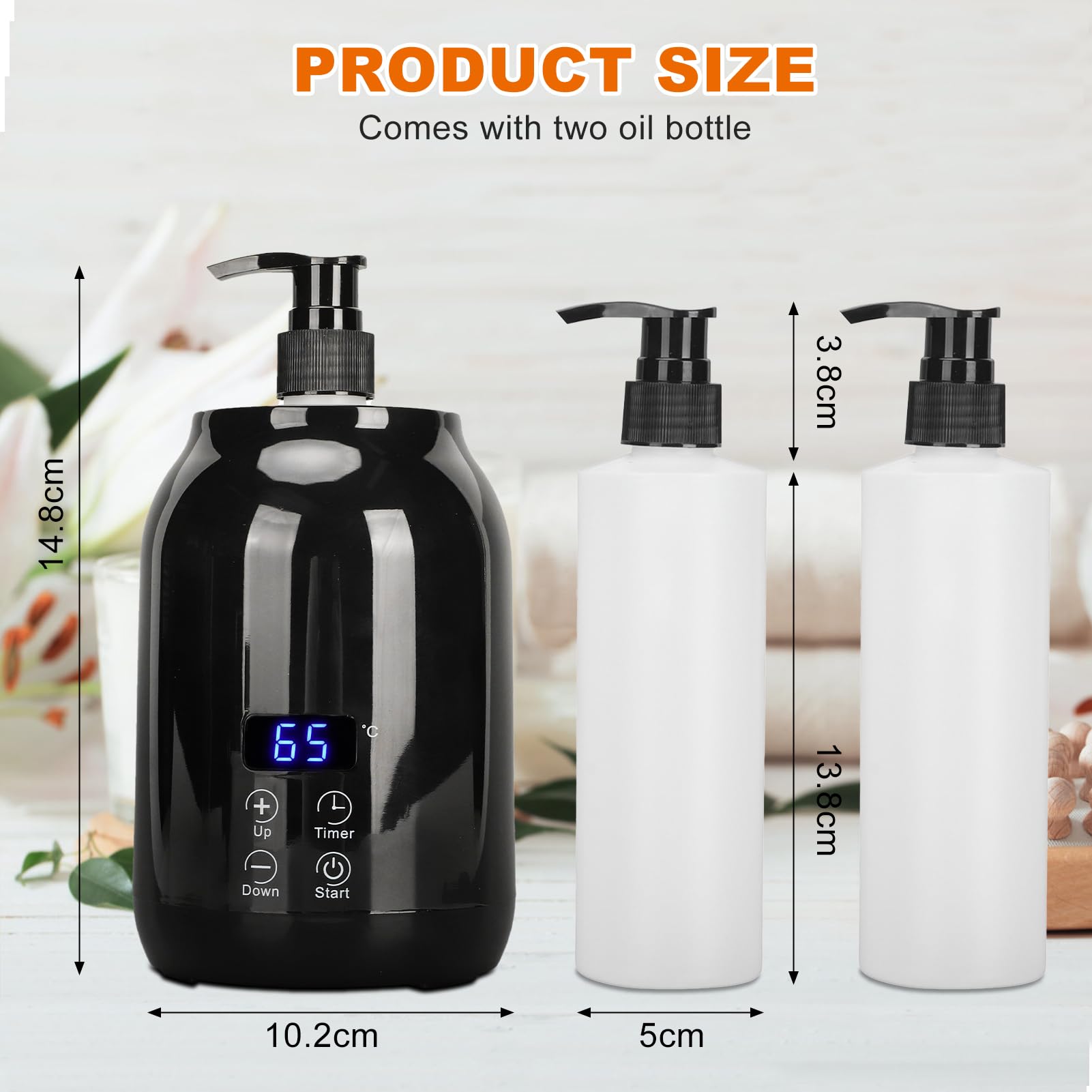 Massageöl Wärmer Gerät, Tragbarer Lotionsflaschenwärmerspender, Heizung für ätherische Öle, LED-Anzeige, Temperatureinstellung, 110–240 V, Schwarz