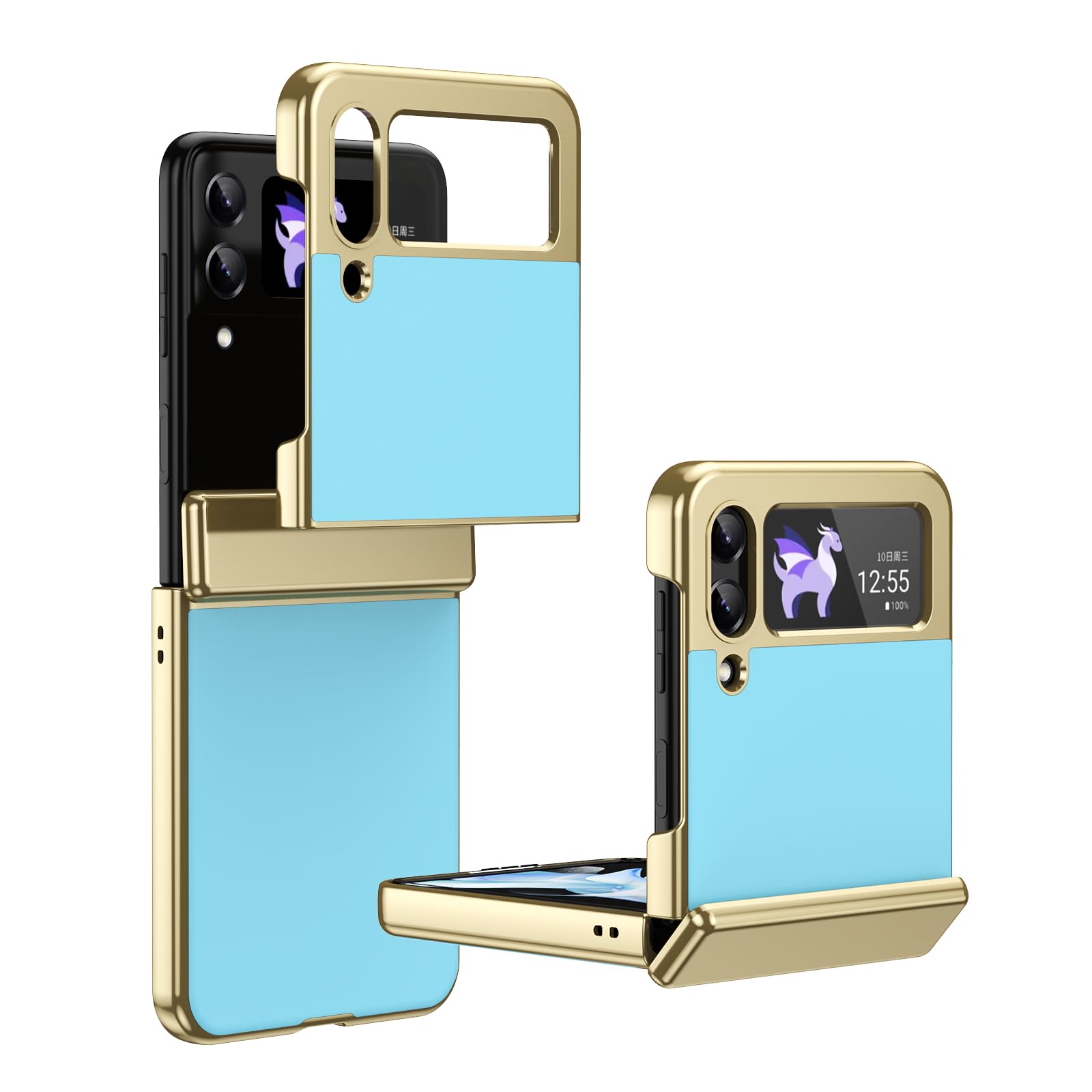 Coque Samsung Flip 3 bleu ciel pliable protection charnière or - 8