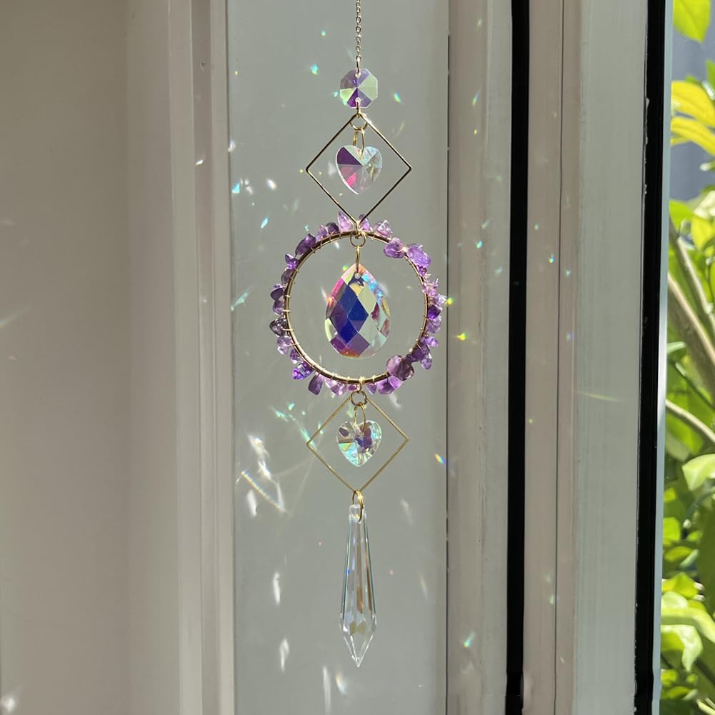 Crystal Suncatchers Window Hanging Wind Chime Natural Fluorite Amethyst Pendant Ornament,for Home, Garden Tree Plants, and Meditation Decor (Purple)