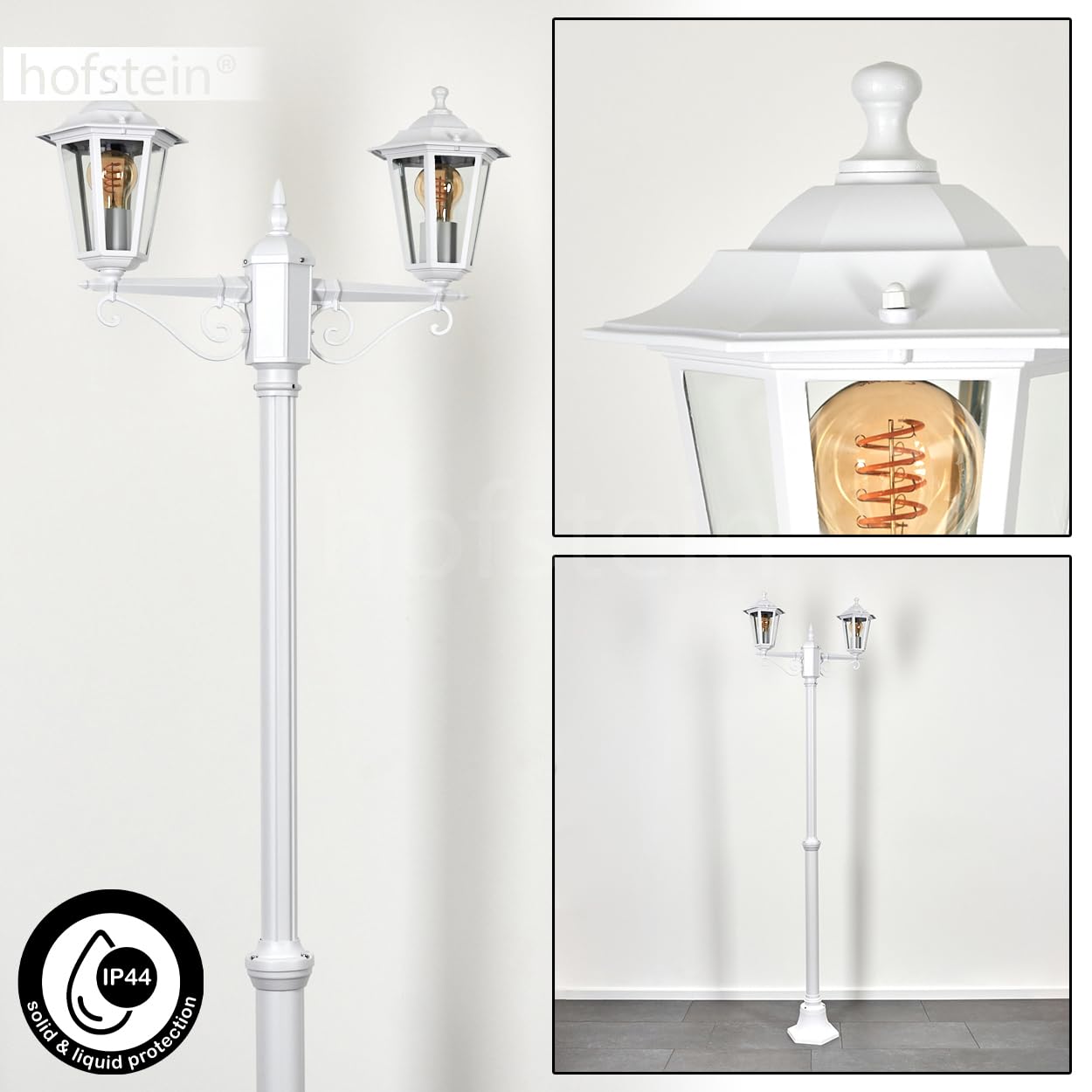 HOFSTEIN Kandelaber Loria Luminaire d'extérieur en métal/verre blanc/transparent, lampadaire style maison de campagne, antique, rétro, vintage, pour jardin, extérieur, terrasse, cour, hauteur max. 200