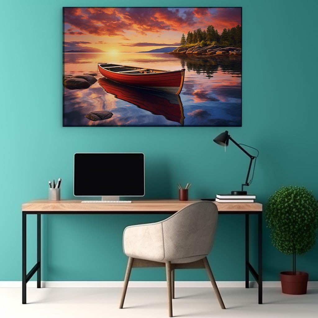 Canvas for Living room. Serene Sunset Canoe Voyage on a Mirror-Like Lake, 27 x 18 inch Canvas Wall Art - Contemporary Masterpieces - Modern Home Decor