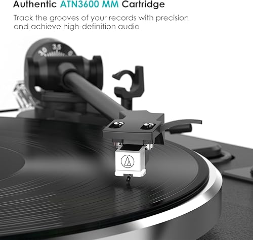 Miniatura 2 de Tocadiscos todo en uno de alta fidelidad con transmisión por correa para discos de vinilo incorporados, 2 altavoces estéreo de agudos y 2 bajos,