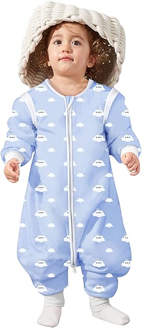 Lictin Baby Sleeping Bag 2.0TOG - Baby Sleep Sack Split Leg with Removable Sleeves Blue Sky and White Clouds Pattern for Infant Toddler from 75 to 95 cm 2.0 Tog Organic (Light Blue)