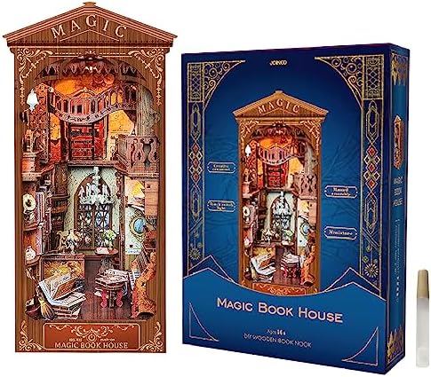 Losbenco Book Nook Kit, DIY Dollhouse Booknook Bookshelf Insert Decor Alley, DIY Book Nook Miniature Kit with Lights, 3D Wooden Puzzle Decorative Bookend Miniature Model Kits for Kids/Adults