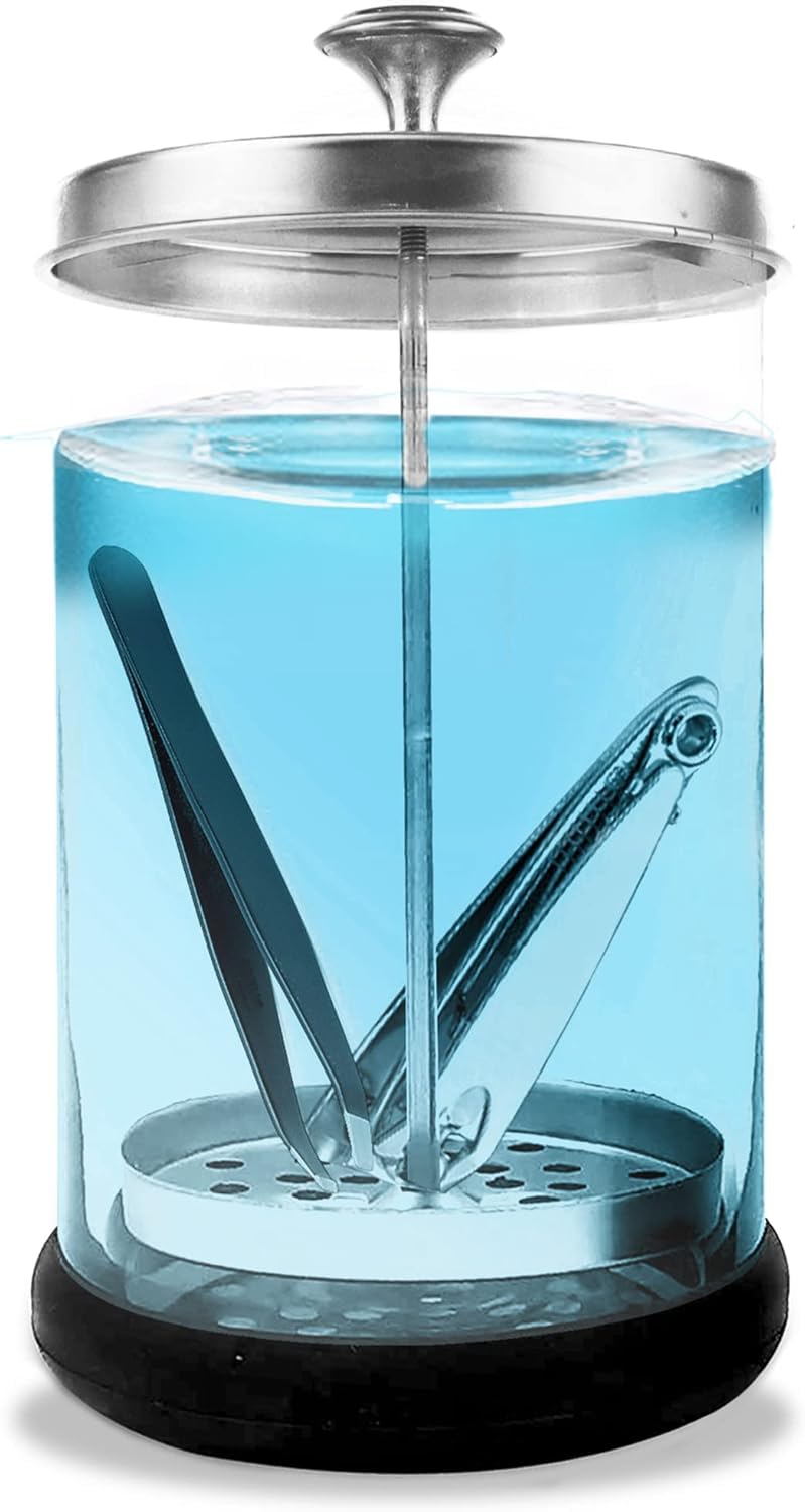 JJ CARE Disinfectant Jar (21oz) - Barber Disinfectant Jar Glass, Sanitizer Container w/Stainless Steel Removable Strainer & Cap for Manicure, Salon, Spa and Barber Tools - Silver Lid