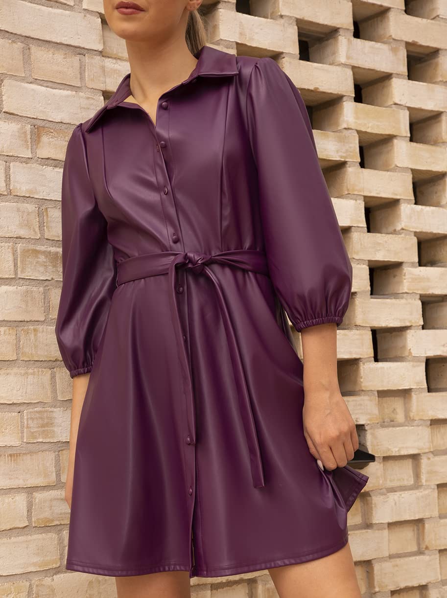 Chi Chi London Abito Camicia Pu Manica Palloncino in Viola Vestito da Sera Donna