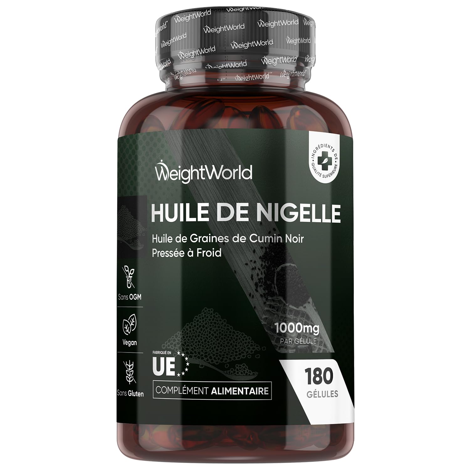 Huile de Nigelle Cumin Noir 1000mg - 180 Gélules Vegan pour 6 Mois, Huile de Graines de Cumin Noir Pressé à Froid, Poudre de Nigella Sativa, Soucre d'Omega 3, 9, Vitamine C, Minéraux, Fabriqué en UE