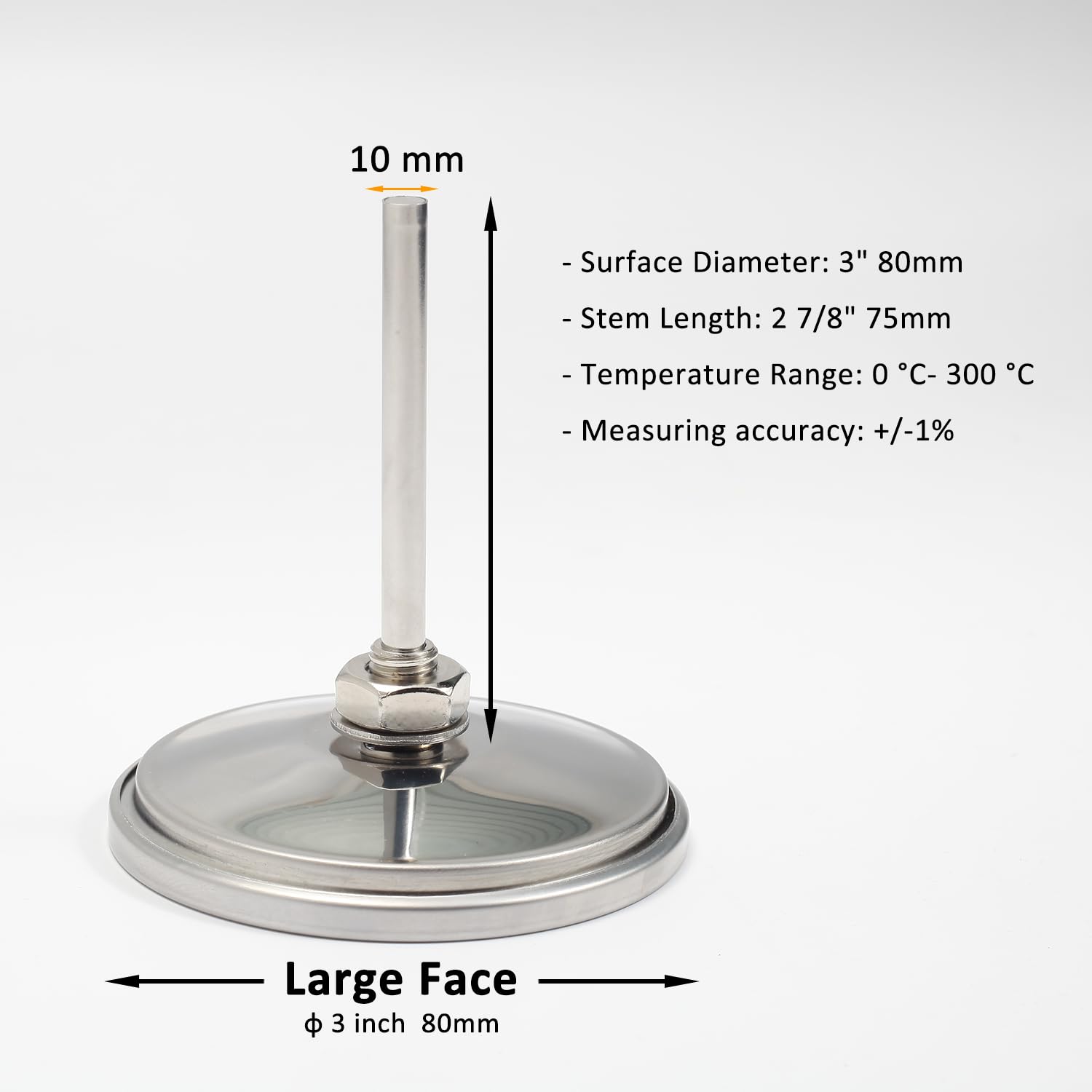 GalaFire 80 mm Grande Faccia 300°C Termometro per Barbecue, Indicatore di Temperatura per Fumatore di Legna, Grill, BBQ, con Gambo Extra Lungo da 75 mm, Acciaio Inossidabile