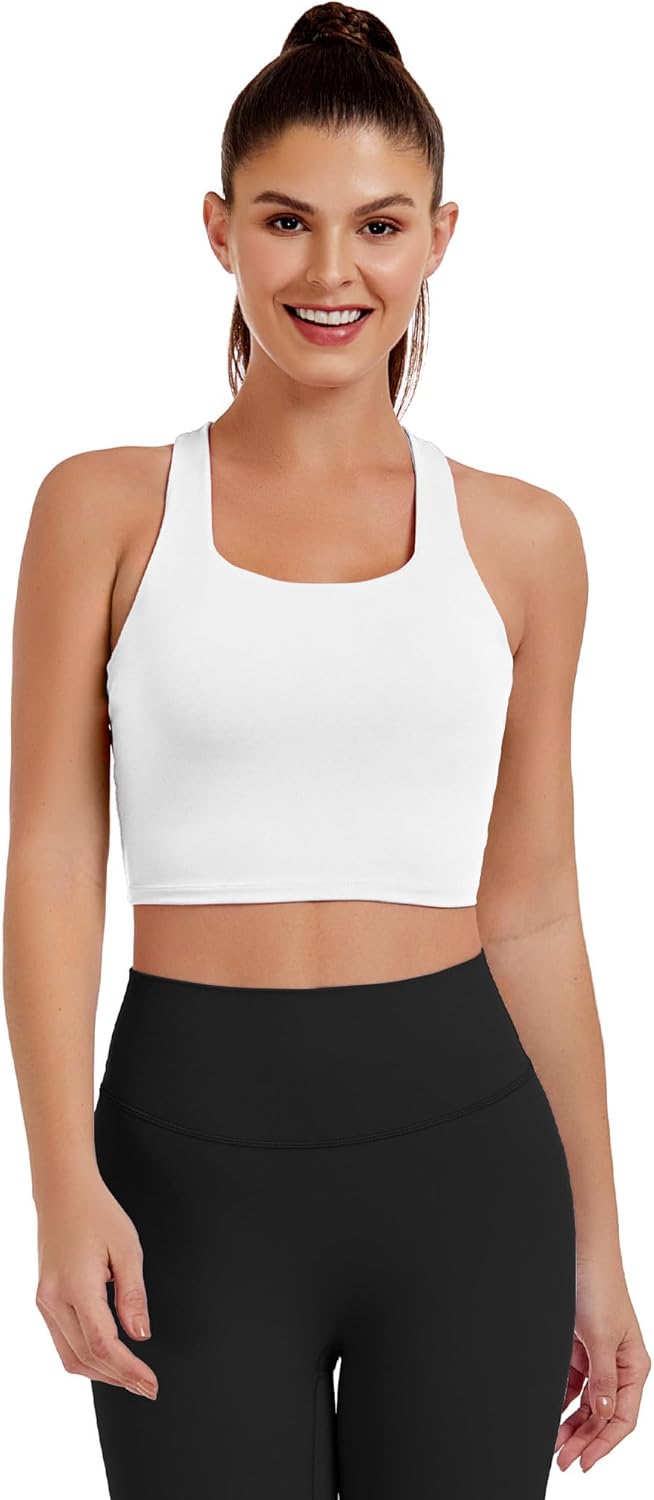 AngiMelo Womens Longline Sports Bra Square Neck Workout Tops Support Crop Tank Strappy Yoga Top Built in Bra Teens - Image 2