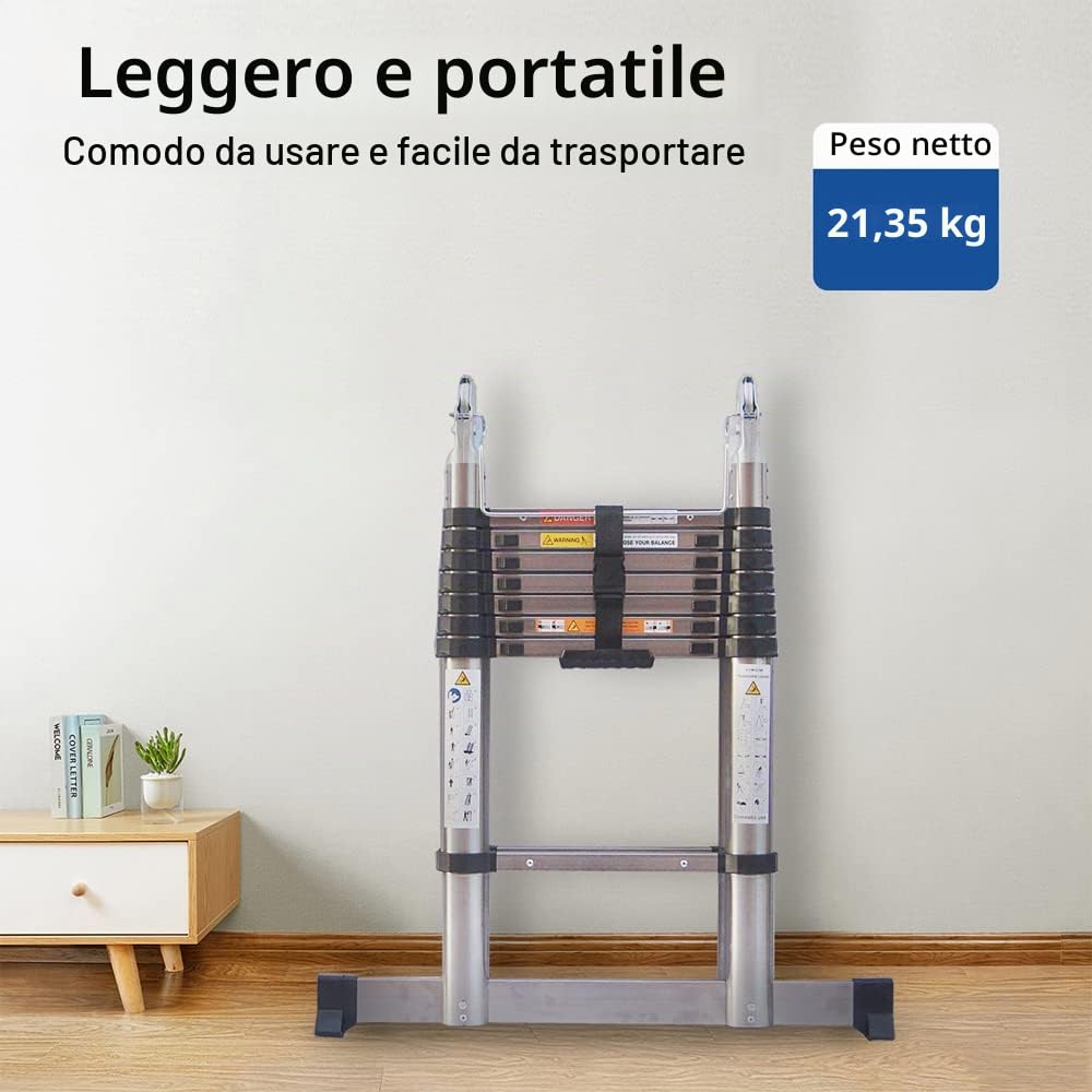 Scale Telescopiche Scaletta Pieghevole In Acciaio Inossidabile Scaletta allungabile portatile Scala Retrattile Estensibile Antiscivolo Multiuso, Capacità di carico 150kg (2,5M + 2,5M)