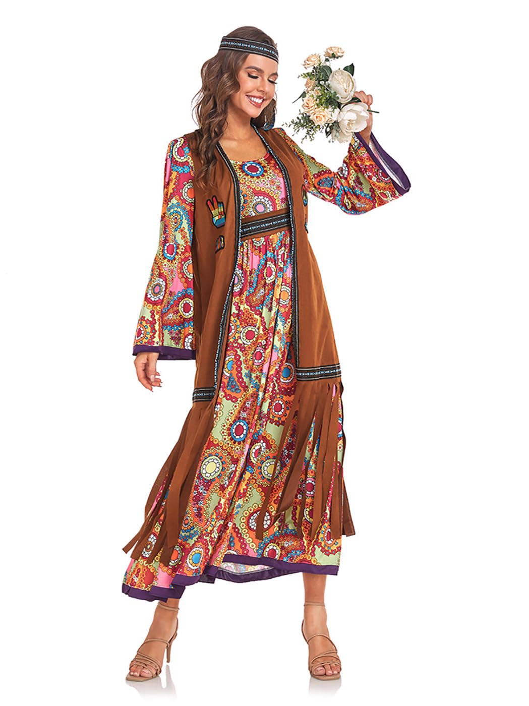 Deguisement Hippie Femme Annee 70 Gilet à Franges Sans Manches Pantalon Disco Déguisement Année